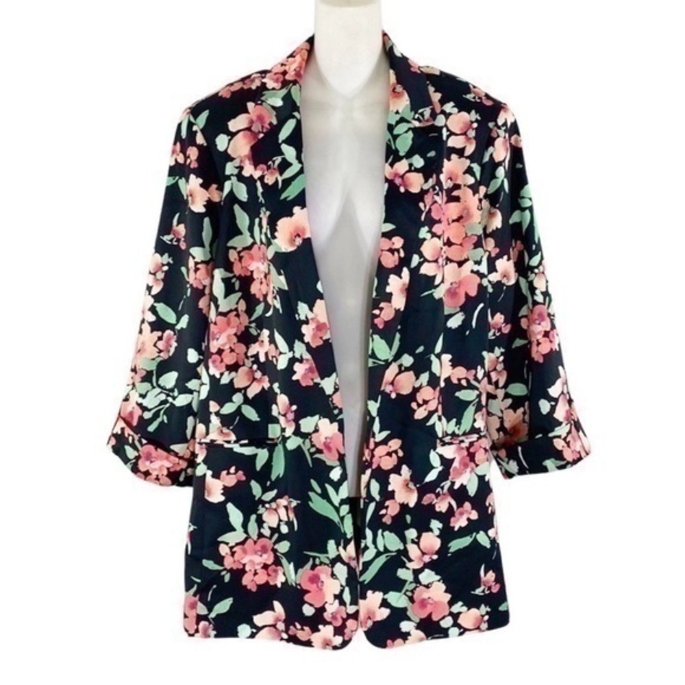 Calvin Klein black pink floral open blazer